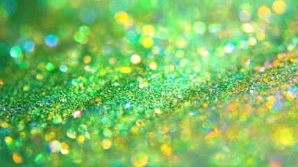 Obraz premium A vibrant, sparkling green background with glittering bokeh effects.