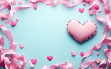 A heart-shaped object is elegantly adorned with pink ribbons and surrounded by playful hearts, embodying the spirit of love and romance for Valentine's Day.
