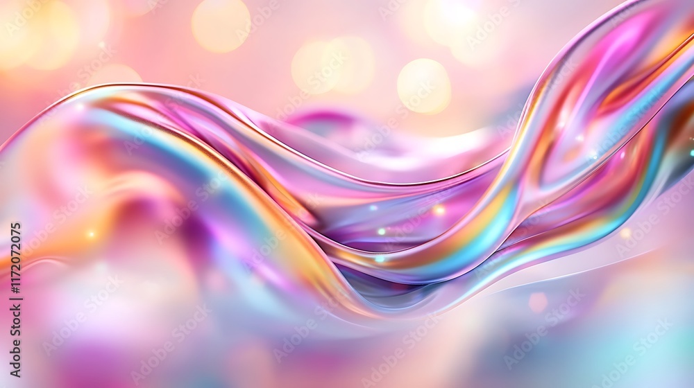Poster abstract iridescent flowing liquid wave with bokeh lights.