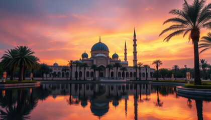A serene sunset over a grand mosque with intricate domes and minarets, reflecting on a tranquil water body in the foreground, surrounded by palm trees and soft glowing lanterns.