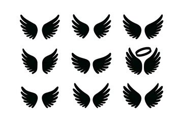 collection of black angel wings with unique designs, including halos, showcasing different artistic wing styles in a simple and repetitive pattern