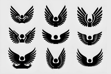 Obraz premium black winged emblem pattern featuring angelic symbols in a repetitive seamless design, ideal for logos, badges, or themed decorations