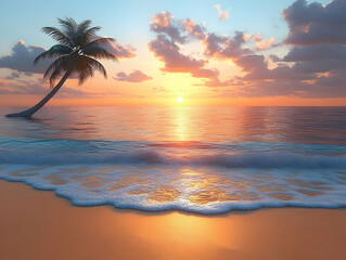 Serene sunset over a tropical beach with a single palm tree.