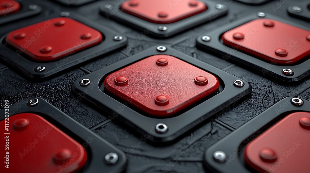 Poster abstract red and black square pattern with metallic texture.