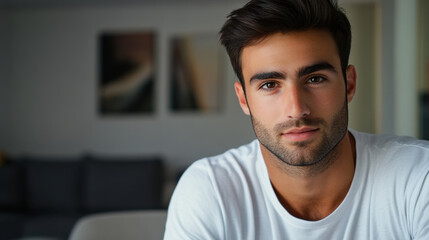 Obraz premium handsome man with dark hair is sitting indoors, looking directly at camera with calm expression. background features cozy living space