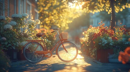 Fototapeta premium Vintage orange bicycle in a sunny European town street lined with flowers.