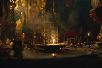 Obraz premium A serene altar scene with candles, incense, and religious icons, evoking a spiritual atmosphere.