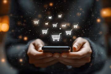 Person Using Smartphone for Online Shopping with Digital Shopping Cart Icons Floating Above