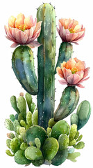 Fototapeta premium Watercolor painting of a tall cactus with three large pink flowers and smaller cacti at its base.