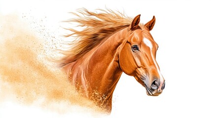 Fototapeta premium A horse with a long mane and a white face is running through a sandy area