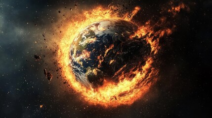 Burning Earth, apocalyptic destruction, fiery planet, cosmic disaster, space debris.