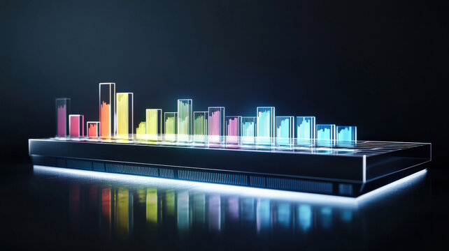 A futuristic box plot featuring illuminated, color-coded boxes and glowing outliers, displayed against a sleek, dark surface, showcasing modern data visualization with striking light reflections.
