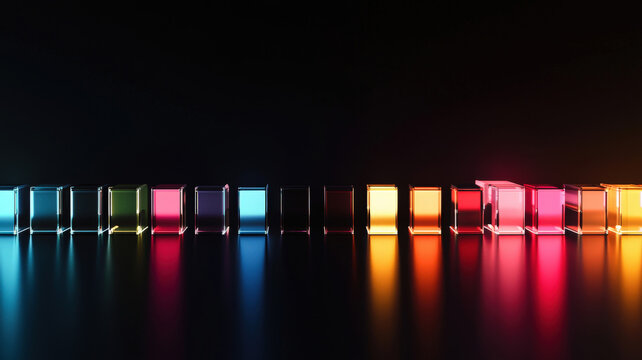 A futuristic box plot featuring illuminated, color-coded boxes and glowing outliers, displayed against a sleek, dark surface, showcasing modern data visualization with striking light reflections.

