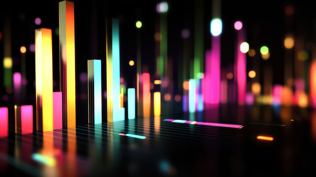 A futuristic box plot featuring illuminated, color-coded boxes and glowing outliers, displayed against a sleek, dark surface, showcasing modern data visualization with striking light reflections.
