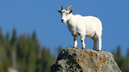 A white goat stands on a rock against a blue sky and forest backdrop.