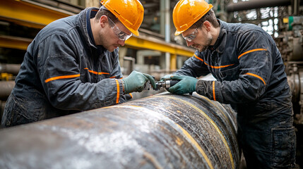 Two industrial workers inspecting a large pipe.