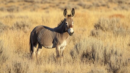 Fototapeta premium A wild donkey stands in a golden grassland, showcasing its natural habitat.