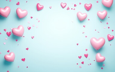 A vibrant collection of pink hearts beautifully arranged against a calming blue backdrop, perfect for expressing love and affection on Valentine's Day.
