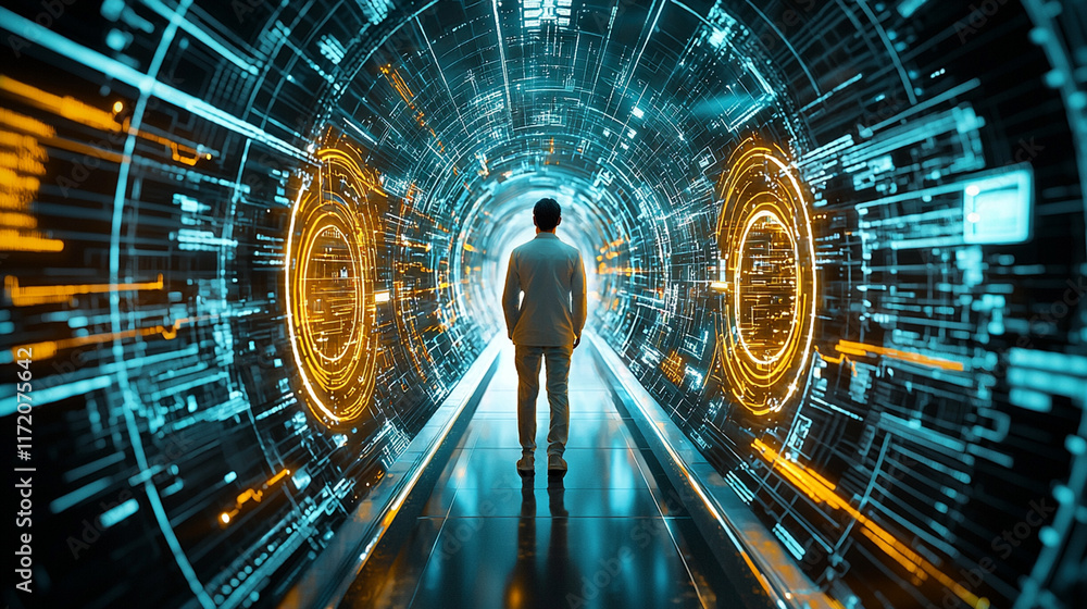 Poster a figure stands in a futuristic tunnel filled with glowing digital patterns and data.