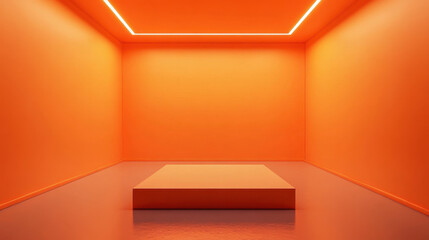 vibrant orange room with square pedestal in center, illuminated by soft lighting, creating warm and inviting atmosphere. Perfect for artistic displays or presentations