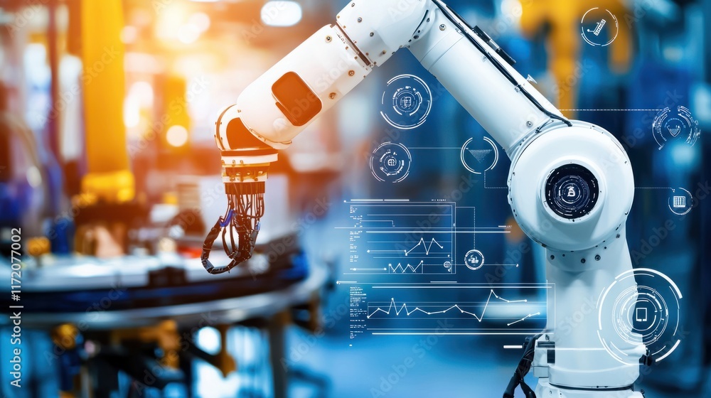 Poster robotic arm automation in manufacturing factory floor industrial technology controlled environment c