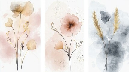 Golden floral line art designs with watercolor textures in pastel pink and light gray 