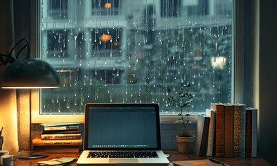 A cozy workspace by a rain-soaked window, featuring a laptop, books, a lamp, and a small plant, creating a tranquil atmosphere for productivity and reflection.