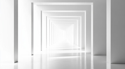Obraz premium Endless corridor with white walls and reflections, creating sense of depth and tranquility. minimalist design evokes feelings of calm and spaciousness