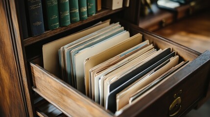 Obraz premium A wooden drawer filled with organized files and folders, suggesting a workspace or library.