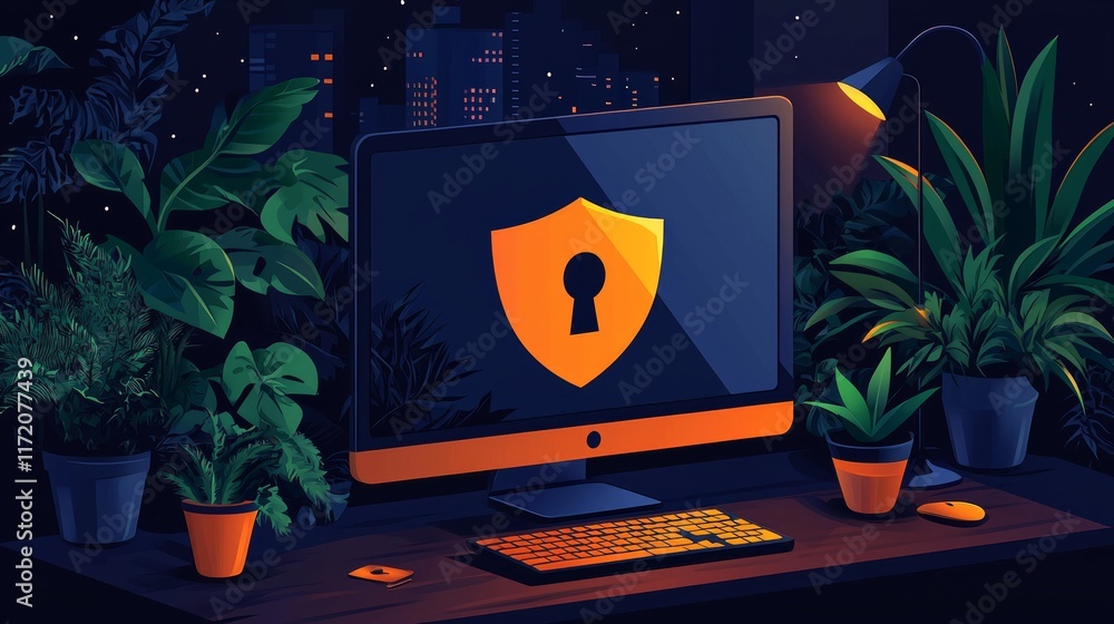Aufkleber night scene of computer screen displaying a shield with a keyhole, surrounded by potted plants on a 