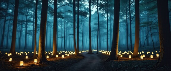 Enchanting forest path illuminated by lanterns in mystical night scene