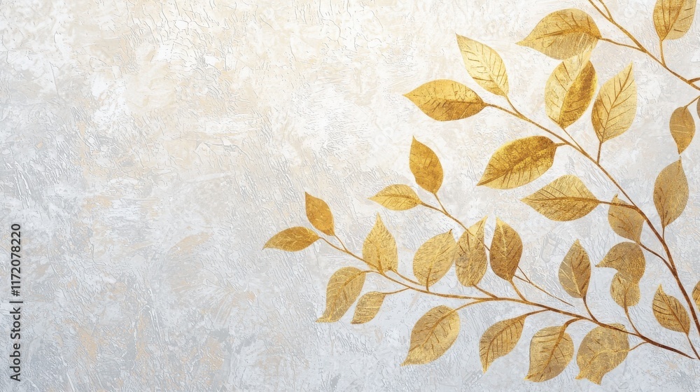 Poster golden leaves drawn in a minimal style over a textured light gray canvas.
