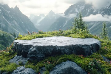 Serene Mountaintop Vista: A Flat Rock Overlooking Majestic Peaks
