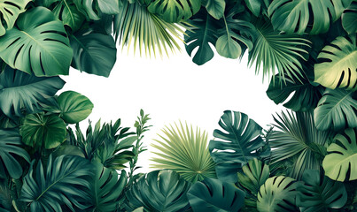 Naklejka premium Lush tropical leaves frame a dark space.