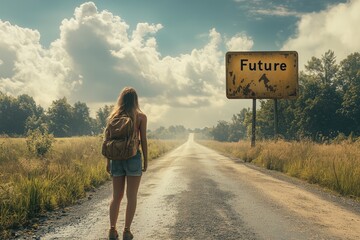 Jovem parada em longa estrada observando placa com seta para frente e os dizeres "Futuro"