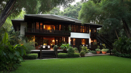 Fototapeta premium Serene Tropical Retreat: A traditional Thai-style home bathed in warm evening light, nestled amidst lush greenery and a manicured lawn, exudes tranquility and luxury.