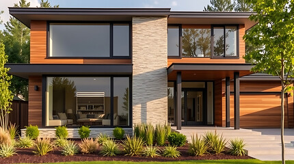 Obraz premium Modern two-story house with wood siding, large windows, and a stone accent wall. Landscaped front yard with shrubs and mulch. Black window frames and trim contrast with the warm wood tones.