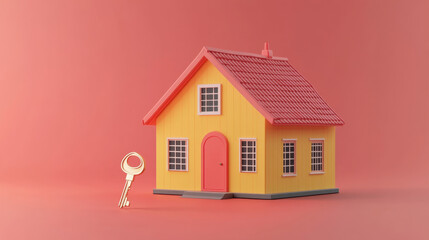colorful 3D model of house with key, symbolizing home ownership and security. vibrant yellow house features red roof and door, set against pink background