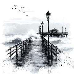 Foto op Canvas Monochromatic illustration of a wooden pier extending into a stormy sea, with lampposts lining the walkway and birds in flight. © NatthaphonSiri