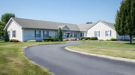 Senior care facility exterior with well-maintained garden and welcoming entrance. Emphasizing comfort and dignity in elderly living environments.