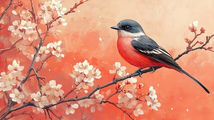 Obraz premium Bird perched on blooming cherry blossom branch