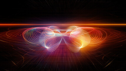 A futuristic chord diagram with glowing arcs and radiant colors linking circular nodes over a textured black grid, creating a sleek, high-tech data visualization with a cyber-inspired aesthetic.