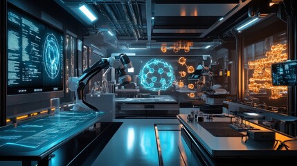 Futuristic biotechnology hub, featuring robotic arms analyzing samples, augmented reality displays, and molecular projections, highly detailed
