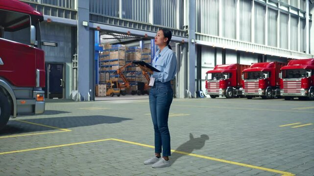 Full Body Side View Of Asian Female Professional Worker With Tablet, Outside of Logistics Distributions Warehouse, She Observes By Looking Around Before She Come To Concentrating With Tablet