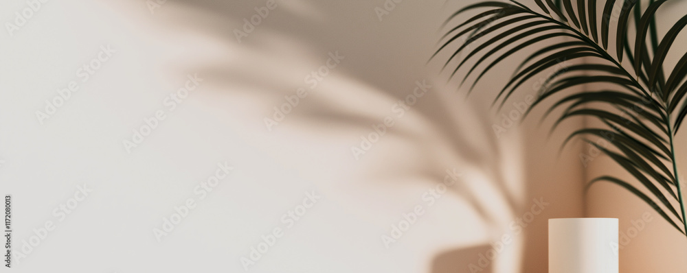 Poster minimalist interior design with palm leaf and soft shadows creating a serene atmosphere