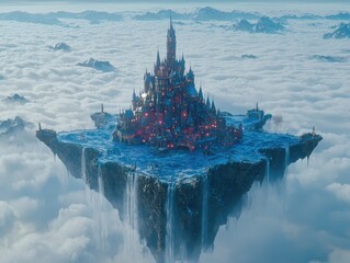 Obraz premium A magical floating island surrounded by shimmering waterfalls that flow endlessly into the clouds below. A mystical castle stands atop the island, with glowing spires and lush gardens brimming 