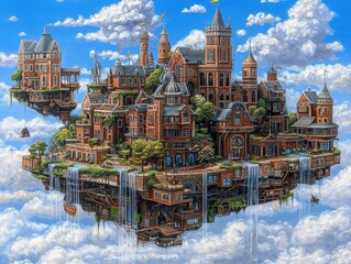A magical floating island surrounded by shimmering waterfalls that flow endlessly into the clouds below. A mystical castle stands atop the island, with glowing spires and lush gardens brimming 