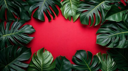 Tropical monstera leaves frame a red background.