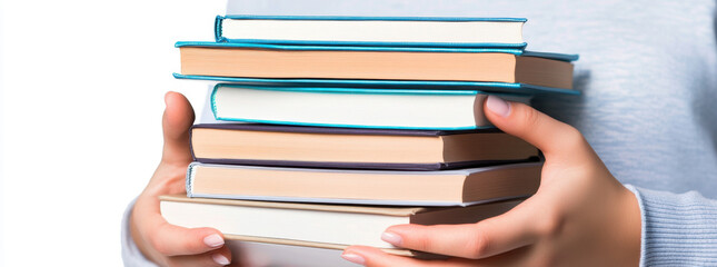 person holding stack of books, showcasing variety of colors and sizes, symbolizing knowledge and education. image conveys sense of enthusiasm for learning
