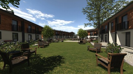 Modern courtyard with seating and greenery in a residential setting.